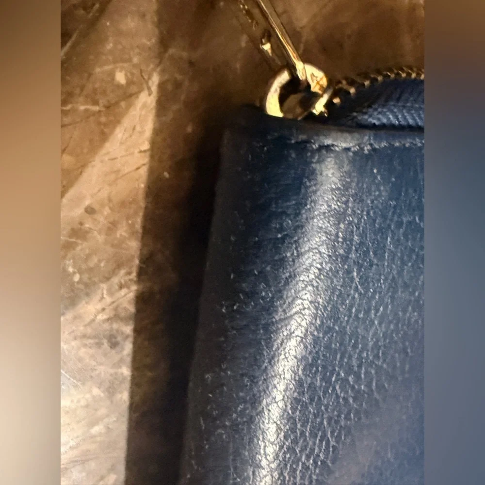 Michael Kors Dark Blue Pebbled Leather Zip Wallet with Gold MK Emblem
